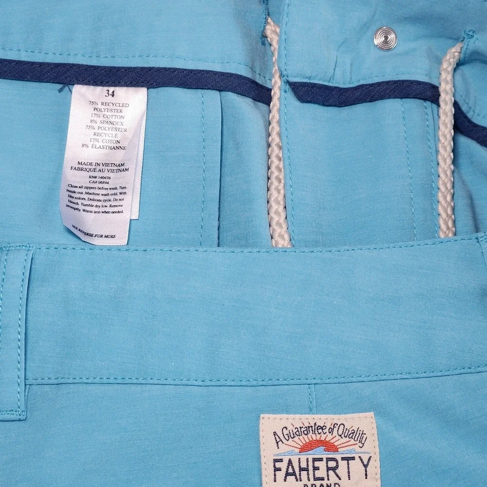 FAHERTY All Day Shorts Mens 34 Blue Chino Drawstring Stretch Travel 9 Inseam
